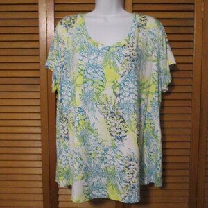Casey Key top super soft with stretch, light colors blues, yellow & white sz 1x